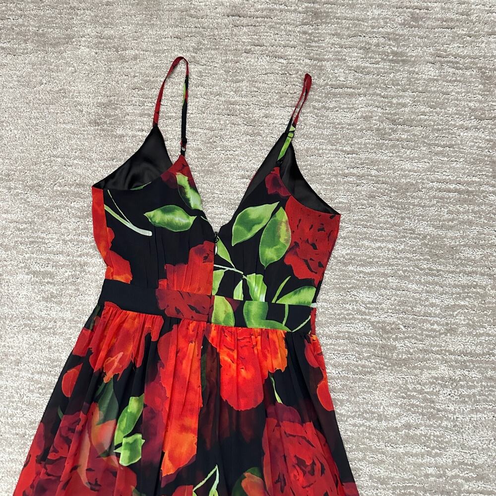 Bebe Romper Maxi Dress Womens 0 Red Black Floral Deep V Neck Slits - Picture 6 of 15